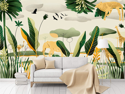 北歐現(xiàn)代手繪熱帶雨林植物動(dòng)物背景墻壁畫