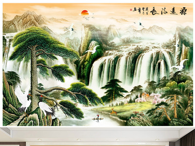 中式流水生財(cái)源遠(yuǎn)流長山水畫電視背景墻